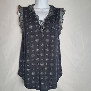 Lucky Brand Black Geometric Mixed Media Ruffle SleeveTie Neck Boho Top Size S